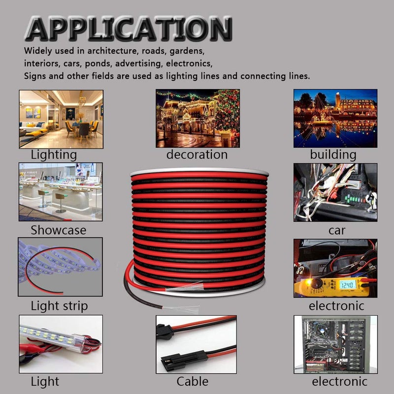 AOTOINK 65.6ft Extension Cable Wire 2 Conductor 20M 22AWG 2 Core 22 Gauge Red Black Stranded Tinned Copper for Led Strips Single Color 3528 5050, Boat Light, 12V LEDs Bulbs Lamps, Car Lighting - Image 2